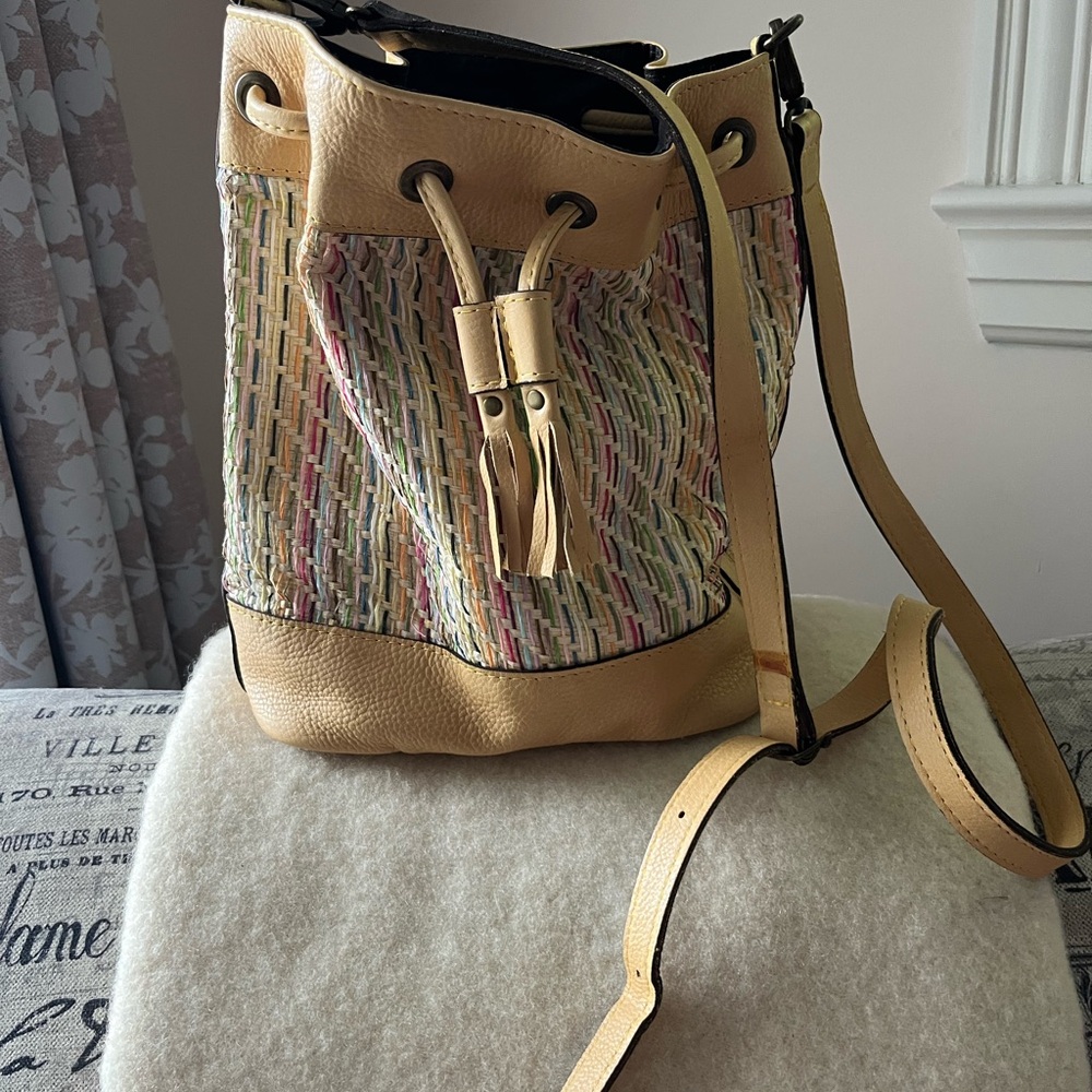 Pale yellow large leather Multicolor Woven Bucket Crossbody Bag